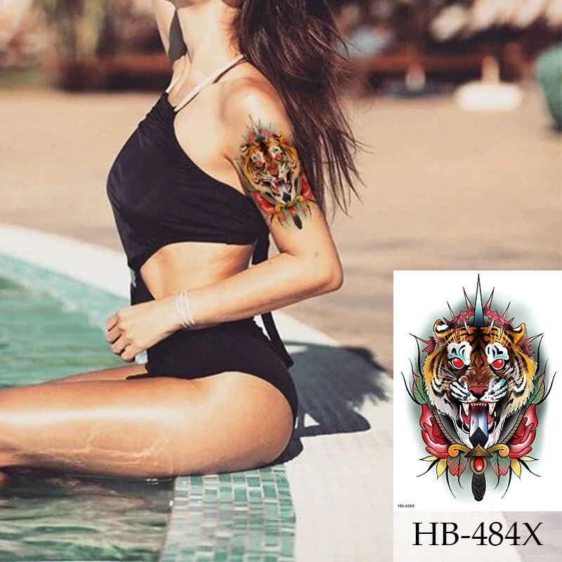 1Sheet Rose Flower Tiger Water Transfer Tattoo Stickers,Women Body Art Temporary Tattoos,Girl Back Breast Tatoos