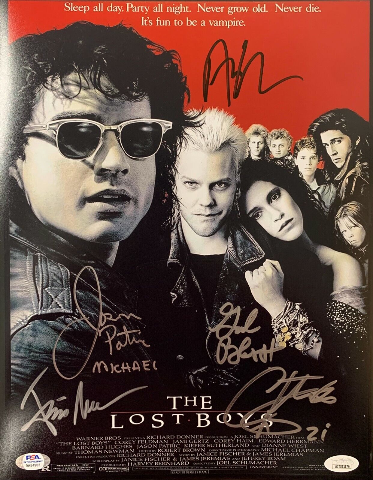 The Lost Boys Cast Autograph Inscribed 11x14 Photo Poster painting Feldman Patric Newlander JSA