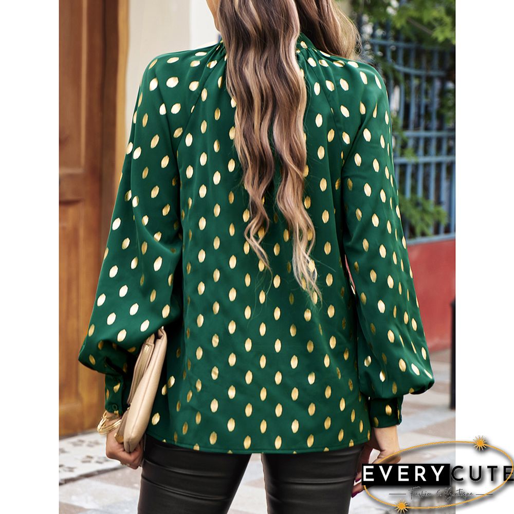 Green Notched Neck Pleated Cuffs Long Sleeve Tops