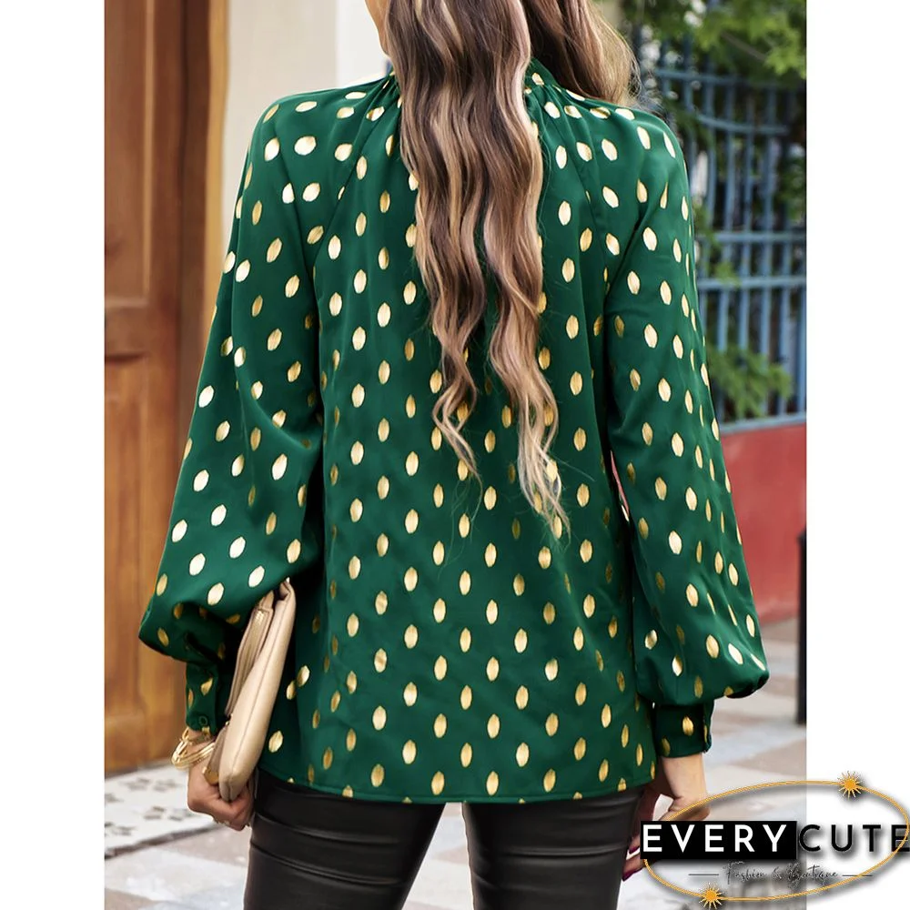 Green Notched Neck Pleated Cuffs Long Sleeve Tops