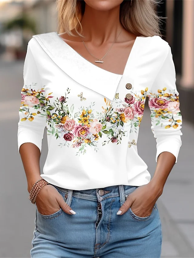 Women's T shirt Tee White Pink Blue Floral Button Print Long Sleeve Holiday Weekend Vintage Fashion Daily V Neck Regular Fit Floral Painting Fall & Winter