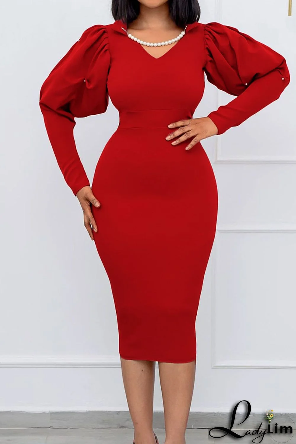 Red Casual Solid Split Joint Beading V Neck One Step Skirt Dresses
