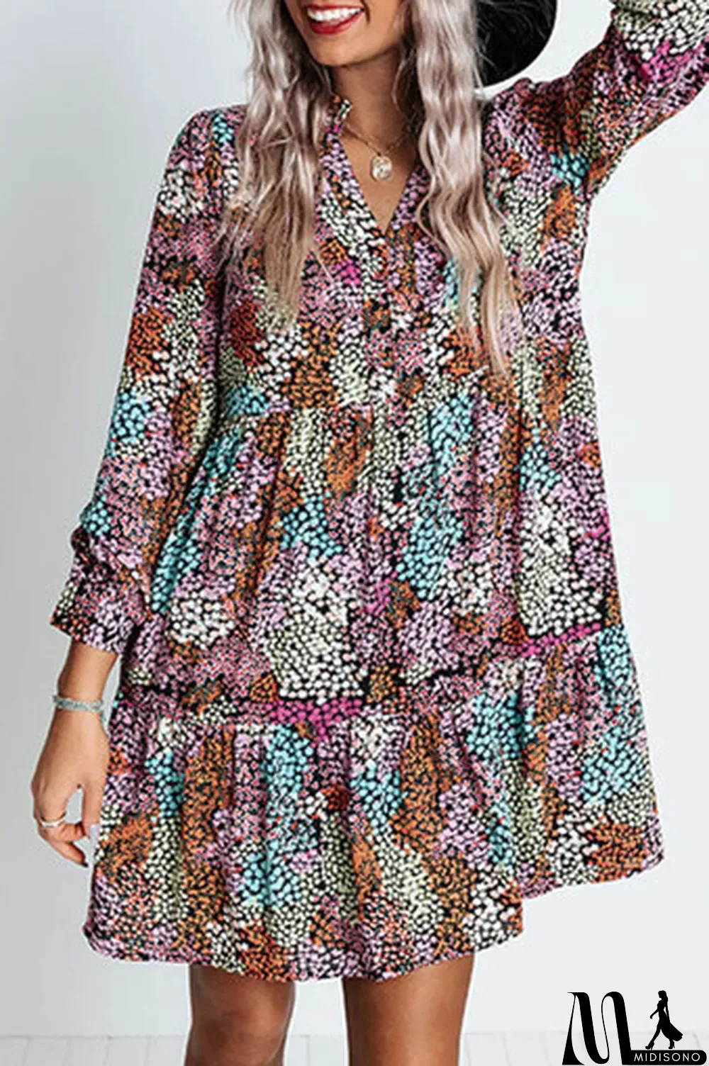 MidiSono - Multicolor Floral Print High Waist V Neck Shirt Dress