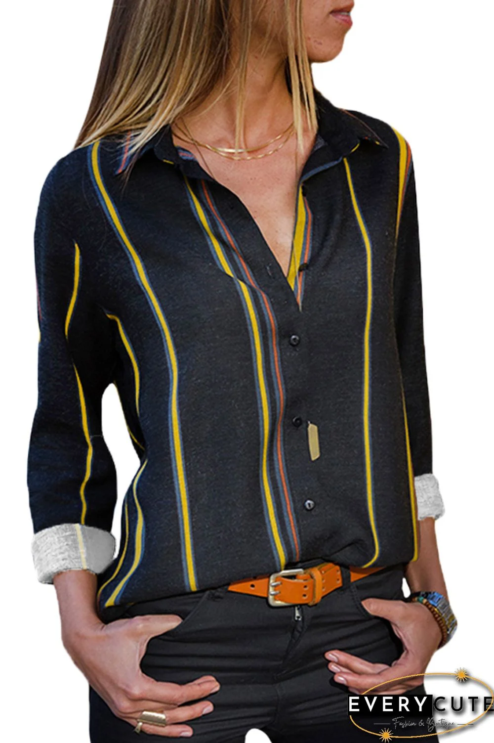 Yellow Charcoal Striped Modern Women Shirt