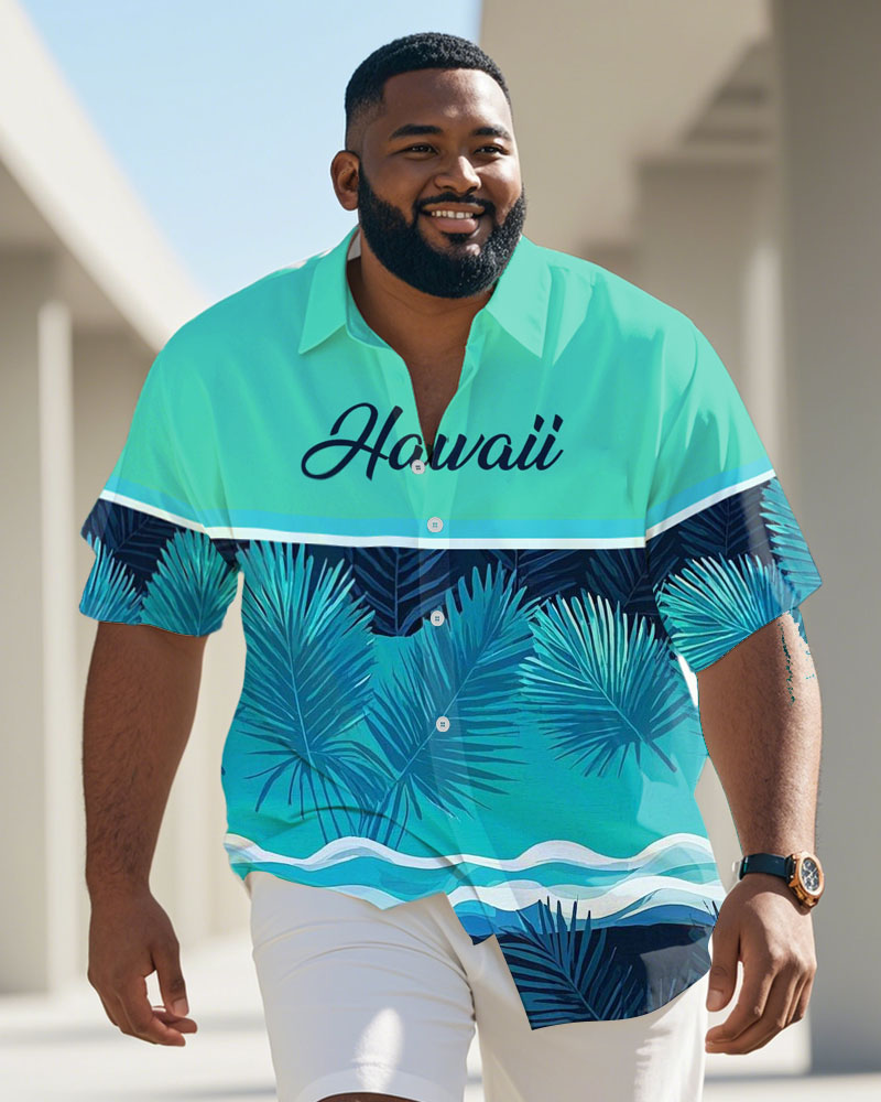 Men's Plus Size Coconut Wave Gradient Hawaiian Letter Print Short Sleeve Shirt