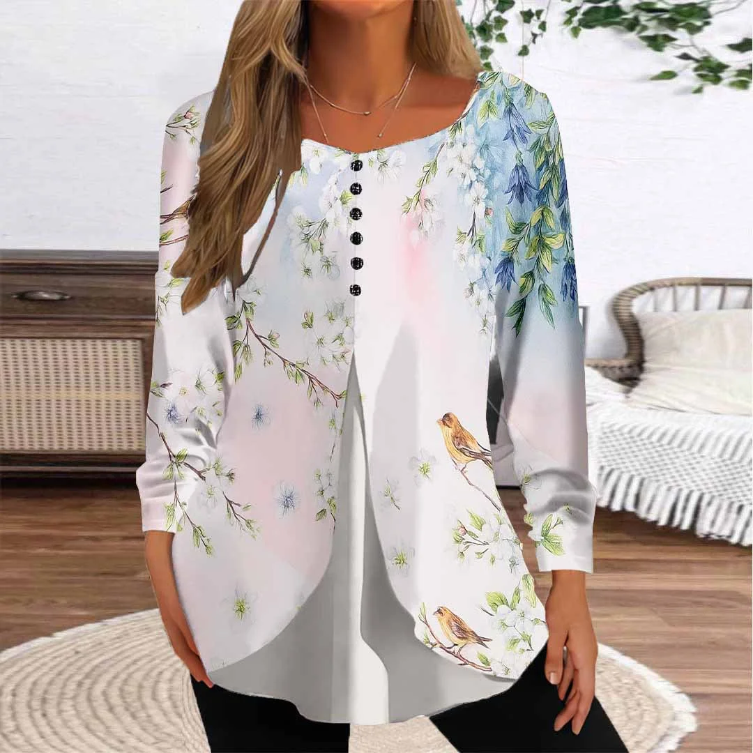 Women Floral,Blue DZGG8308 Long Sleeve Scoop Neck Printed Graphic Button Fake 2in1 Tops