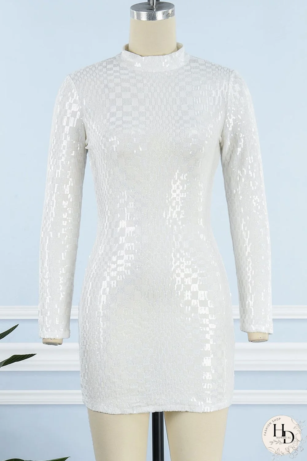 White Sexy Solid Sequins Patchwork Half A Turtleneck Pencil Skirt Dresses