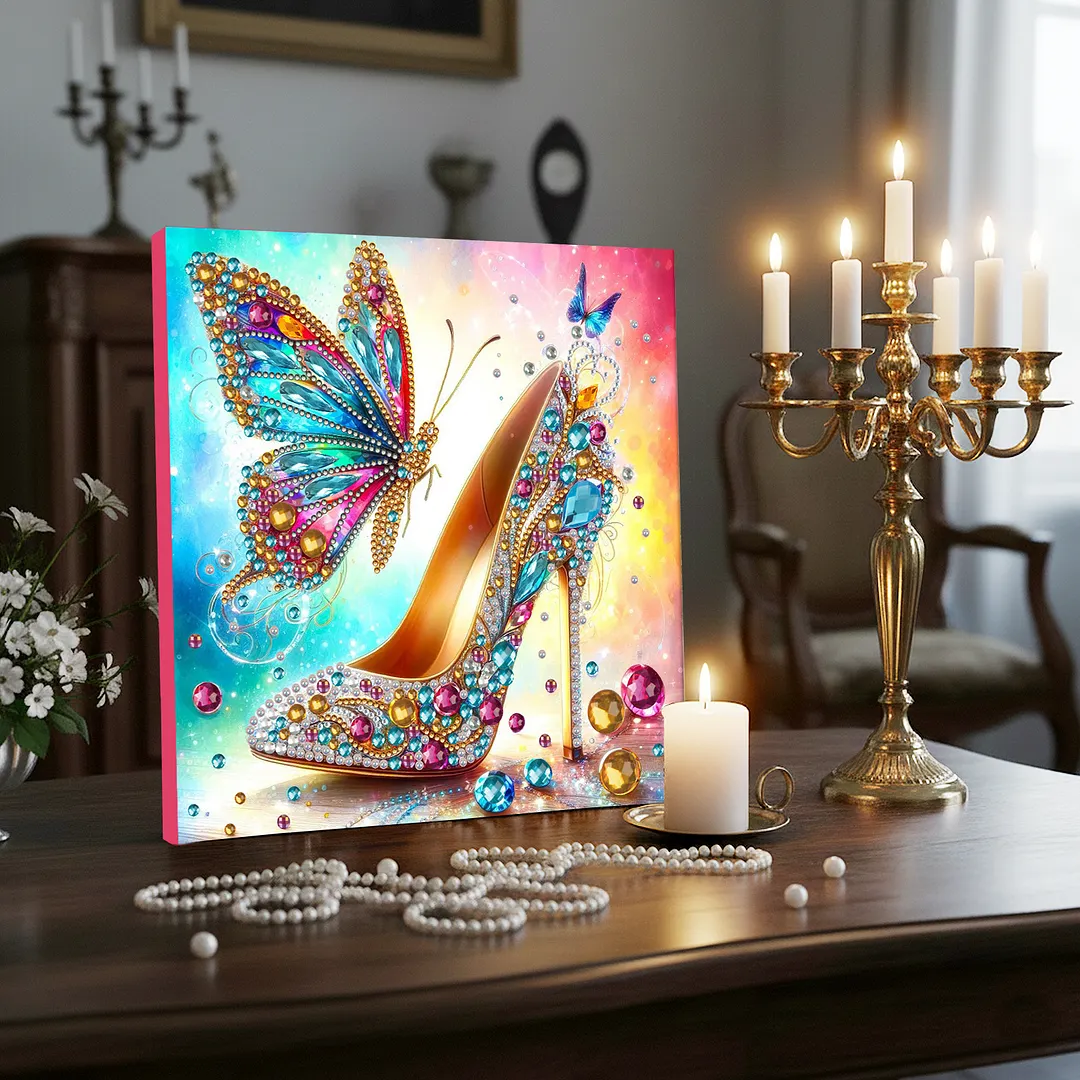 Butterfly High Heels Special Shaped DIY Large Diamond Painting Kit w/ Frame 9.84x9.84inch