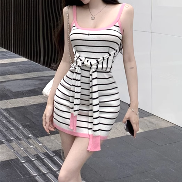 Striped Fake Two-Piece Lace-Up Slim Knit Dress