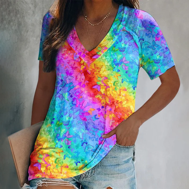 Designer v-neck rainbow butterfly print graphic tees