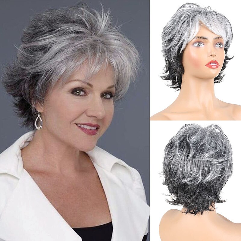 Gray Wigs Short Grey Wigs for White Women Pixie Cut Wig with Bangs Gray