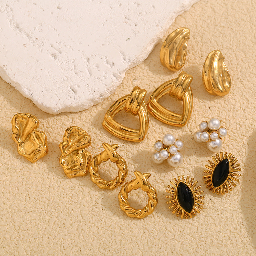 Fashion Geometric Pearl Black Onyx Eye Earrings Stainless Steel 18K Gold Plated Twisted Cross Earrings