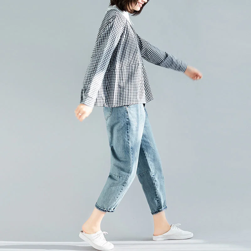 Elegant black plaid cotton clothes boutique Fabrics pullover silhouette spring blouse