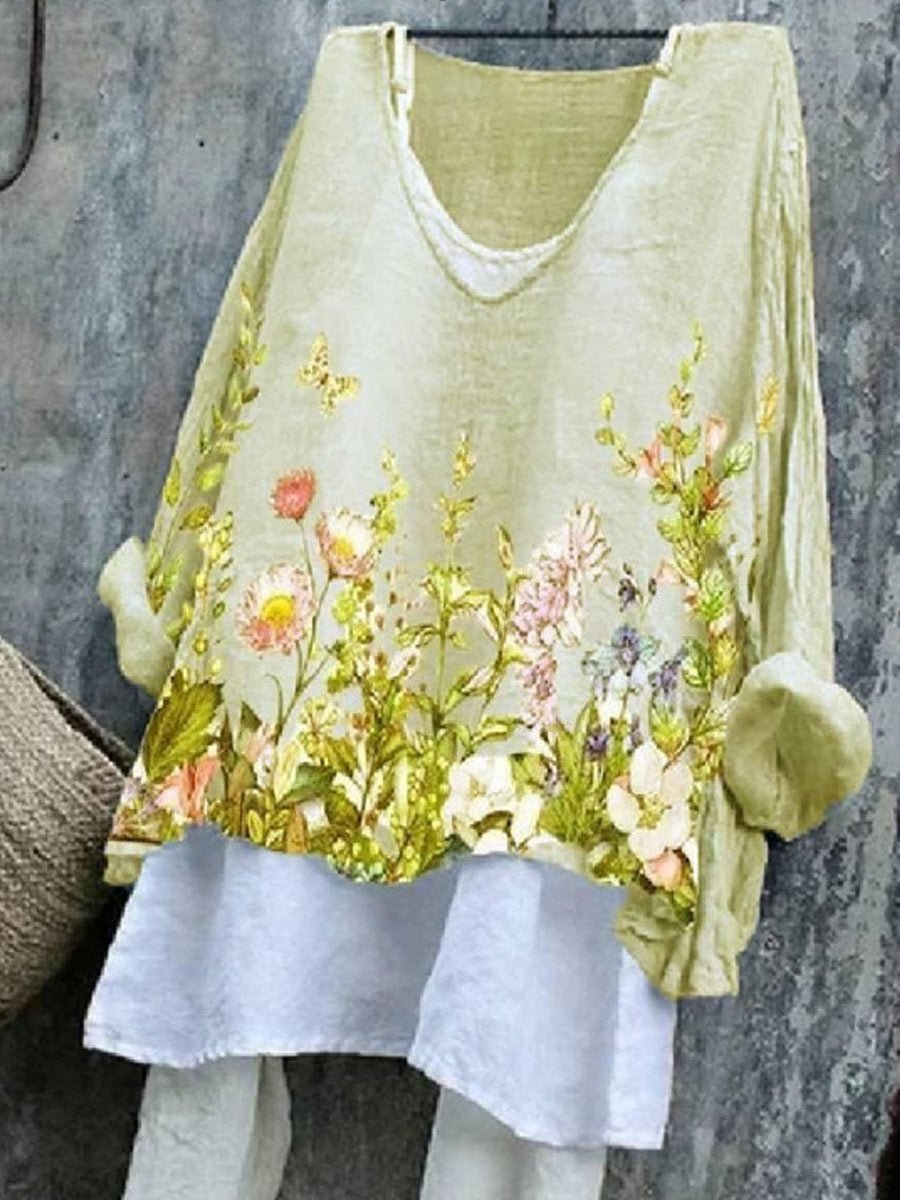 Summer Printed Cotton And Linen Two-piece Blouse
