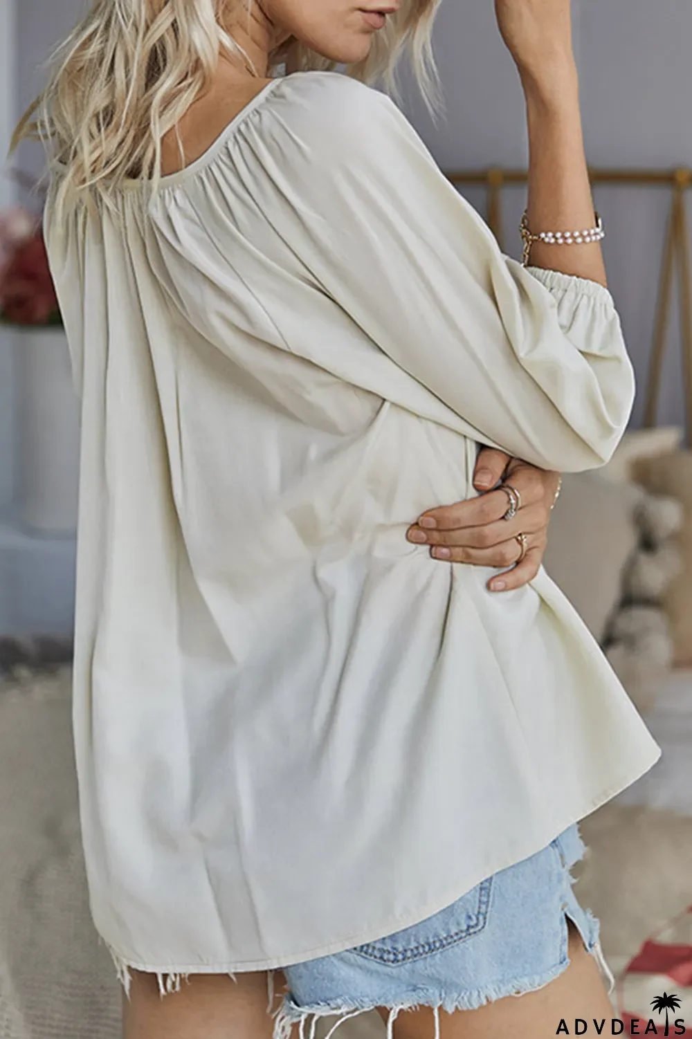 Elegant Solid Buckle V Neck Tops