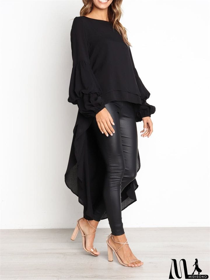 MidiSono - Ladies Leisure Chiffon Lantern Sleeve Irregular Hem Shirts