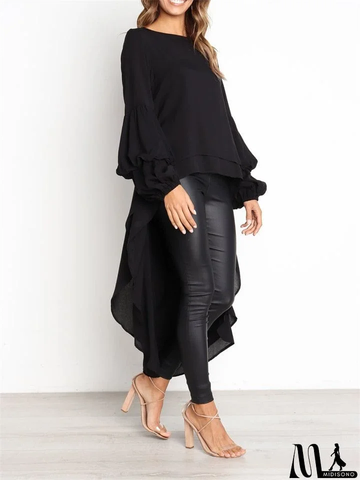 MidiSono - Ladies Leisure Chiffon Lantern Sleeve Irregular Hem Shirts