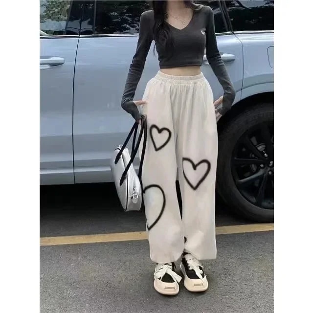 White Heart Leggings Sports Pants for Women Autumn New Loose Bf Lazy Casual Pants Simple Pants