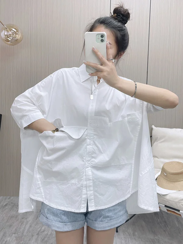 Simple Loose Split-Joint Long Sleeves White Blouse