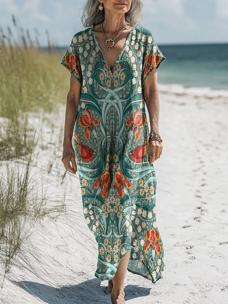 Women's Vintage Flower Art Print Pocket Cotton Dress