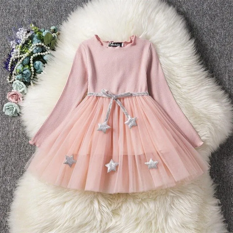 Girls Winter Dress for Kids Long Sleeve Star Sequined Princess Dresses 3 6 8 Years Old Children Cotton Knitted Autumn Clothes