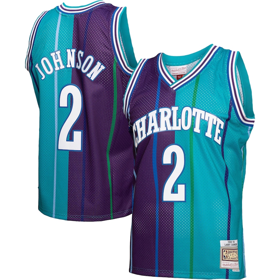 Men's Charlotte Hornets Larry Johnson Mitchell & Ness Teal/Purple Hardwood Classics 1992/93 Split Swingman Jersey mysite
