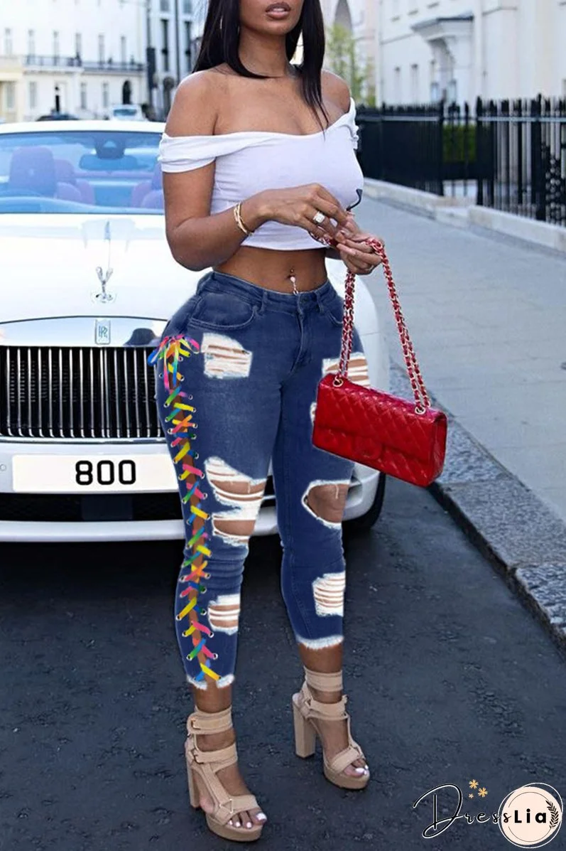 Casual Patchwork Draw String Mid Waist Skinny Denim Jeans