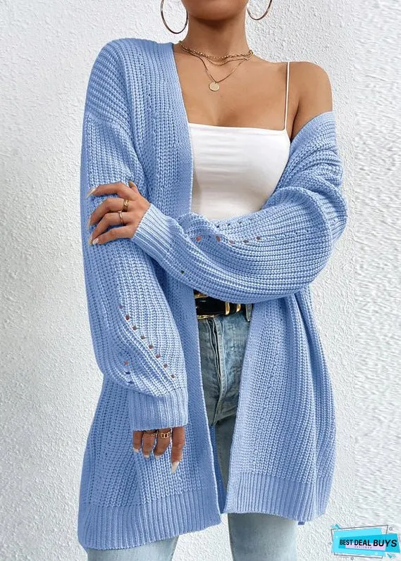 Women Apricot V Neck Loose Mid Knit Cardigan Fall
