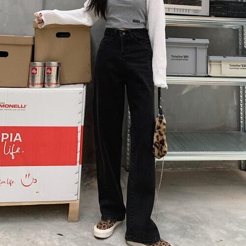Jeans Women Solid Black Simple Straight Full-length Soft Leisure Fashion High-waist Students All-match Pockets Elegant Lady New
