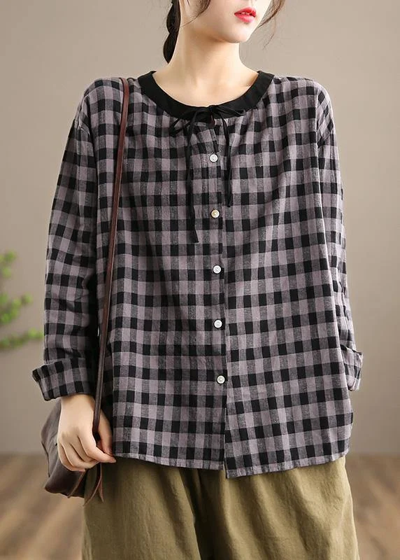 Spring Gray Plaid Sweaters Plus Size O Neck Knit Blouse Top