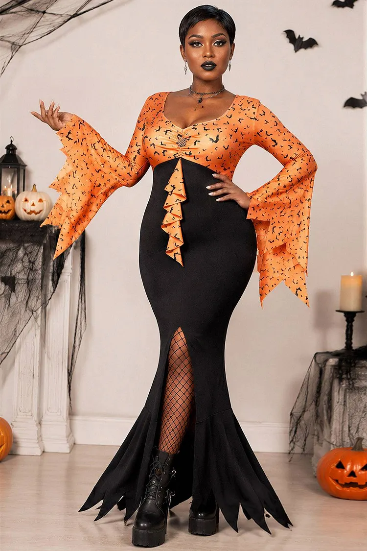Xpluswear Design Plus Size Halloween Costume Orange Bat Print Evil Queen Knitted Maxi Dress（Ships 24h） 2024 - Xpluswear