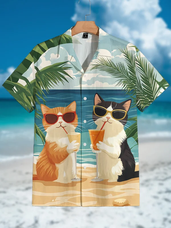 Men's Two Cats On Vacation At The Beach Art Print Shirt