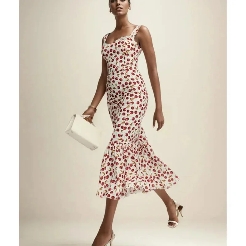 Toloer Cherry Print Strap Midi Dress-Outfit Ideas