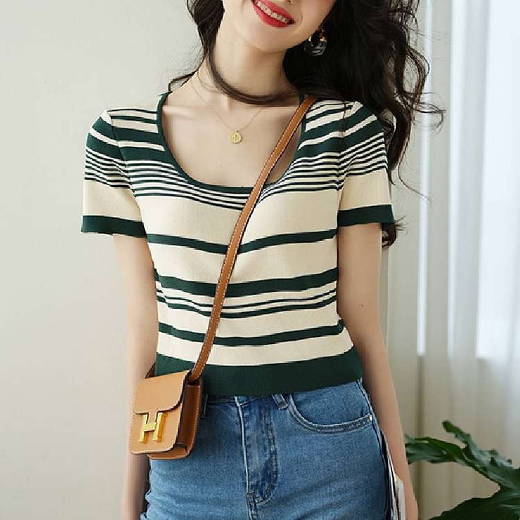 Sheath Striped Short Sleeve Shirts QueenFunky