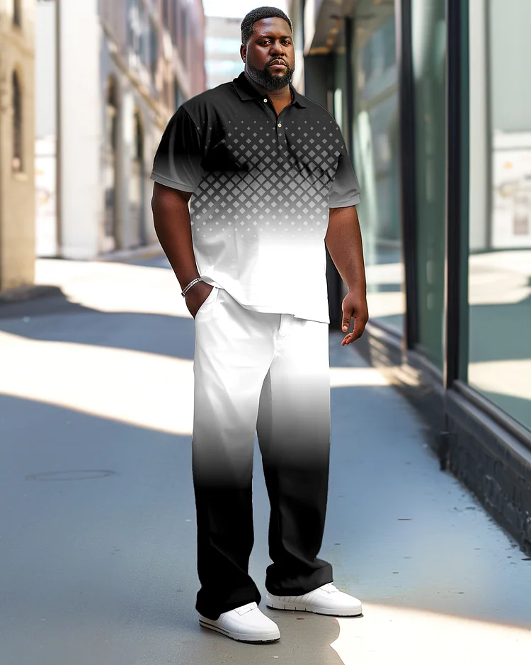 Men's Plus Size Gradient Plaid Polo Shirt Trousers Suit
