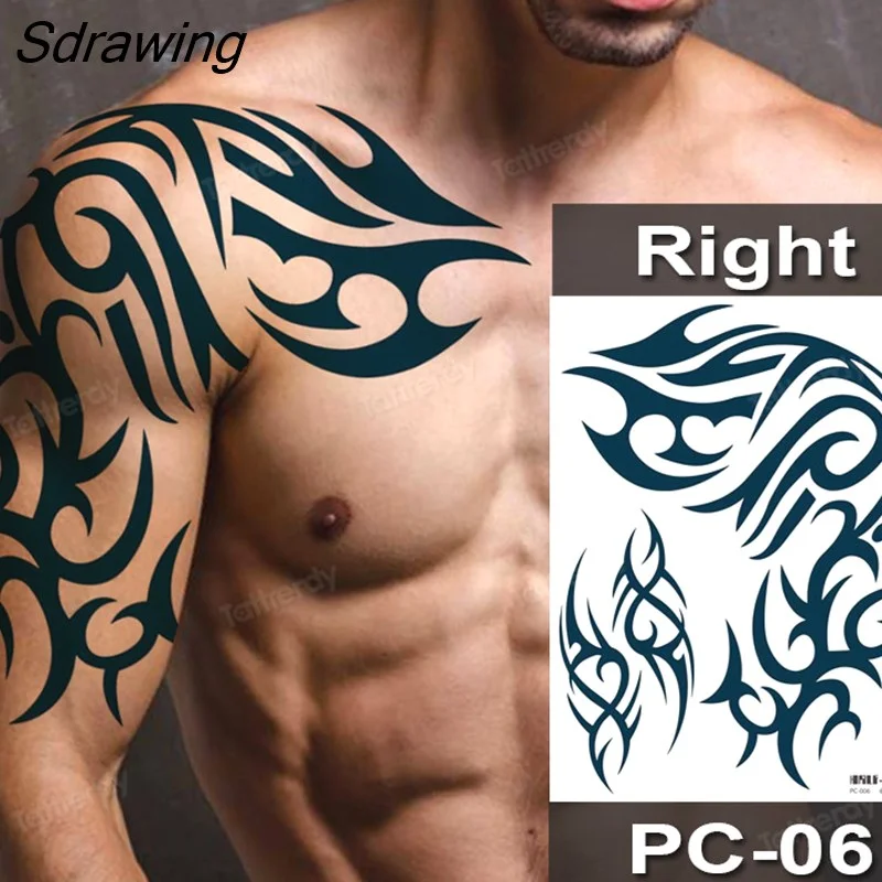 Sdrawing Fox Totem Dragon Waterproof Temporary Tattoos Body Art Arm Shoulder Chest Tattoo Sticker Black Tatouage Men Adult Large