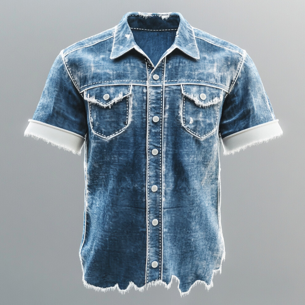 Men's Turndown Collar Short Sleeve Patchwork Cuffs Raw Edge Denim Shirt
