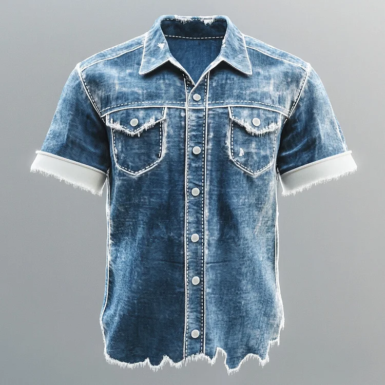 Men's Turndown Collar Short Sleeve Patchwork Cuffs Raw Edge Denim Shirt