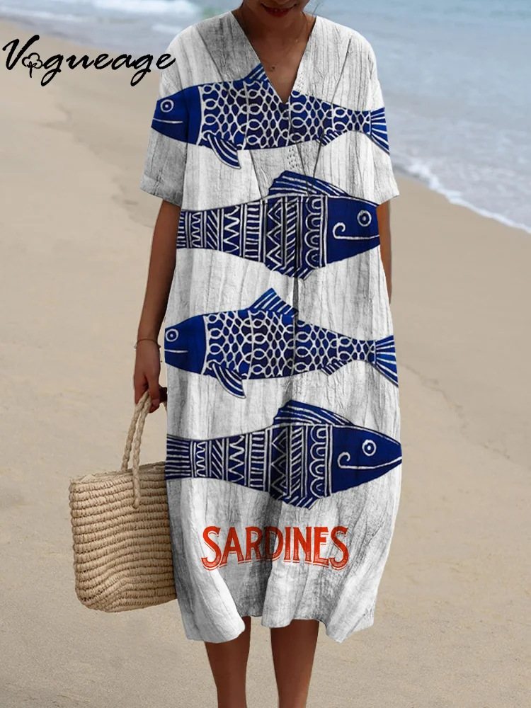 Casual Simple Line Fish Printed Women's Casual Cotton And Linen Dress