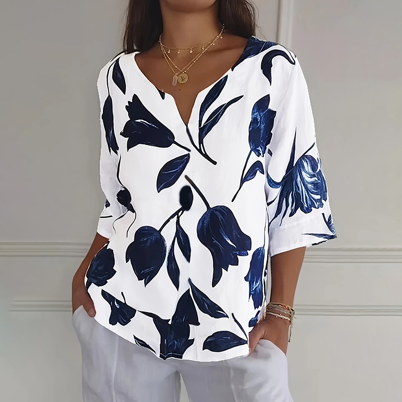 Comstylish Casual Floral Printed Round Neck Linen T-Shirt
