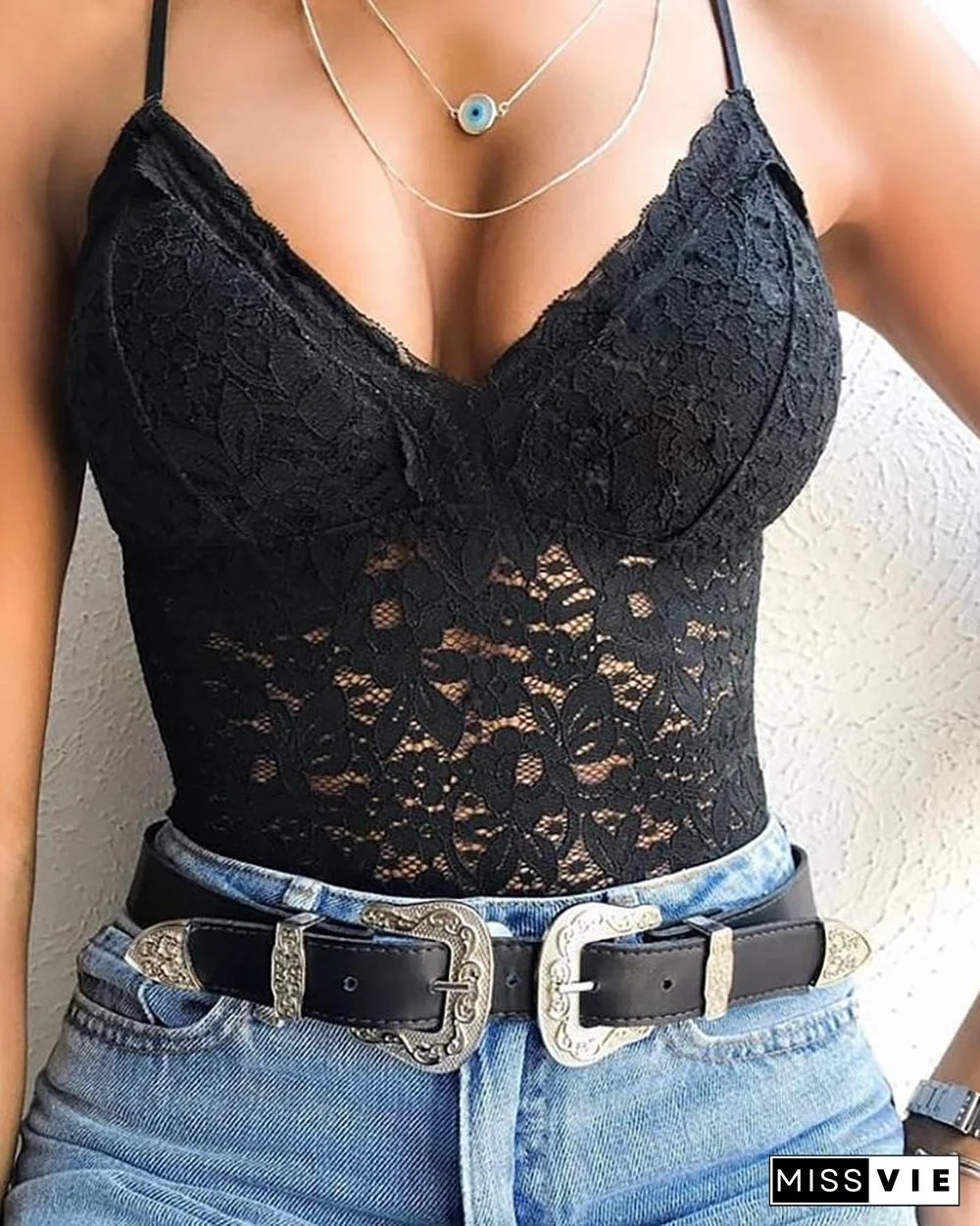 Spaghetti Strap Black Lace Cami Top