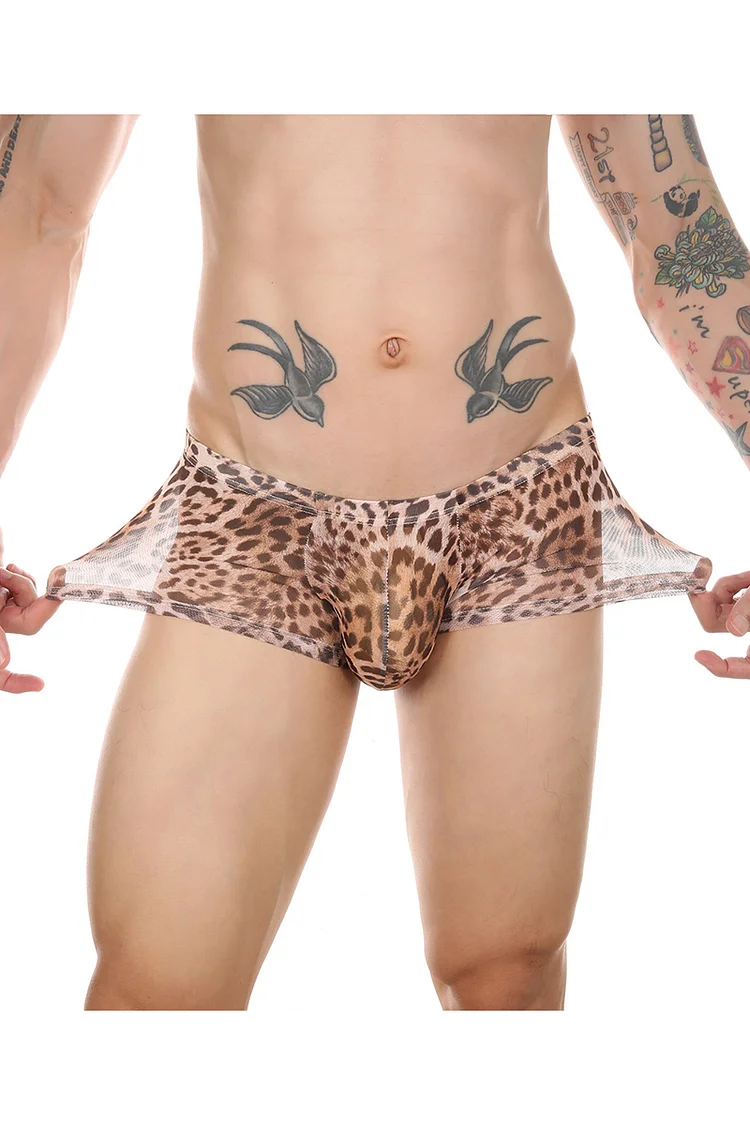 Men's See Throught Net Breathable Leopard Low Waist Boxers
