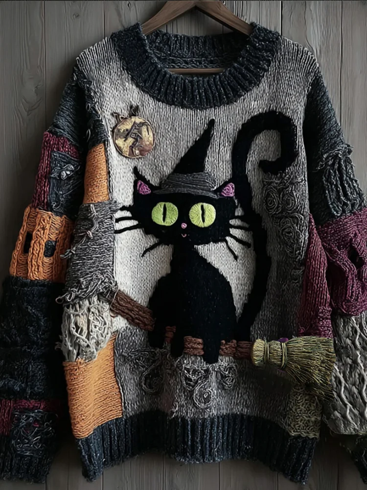 Halloween Witch Cat Patchwork Vintage Warm Sweater
