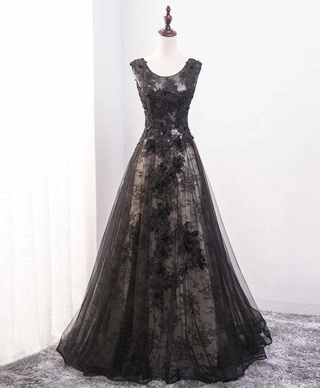 Black Lace Floor Length Prom Dress, Black Evening Dress
