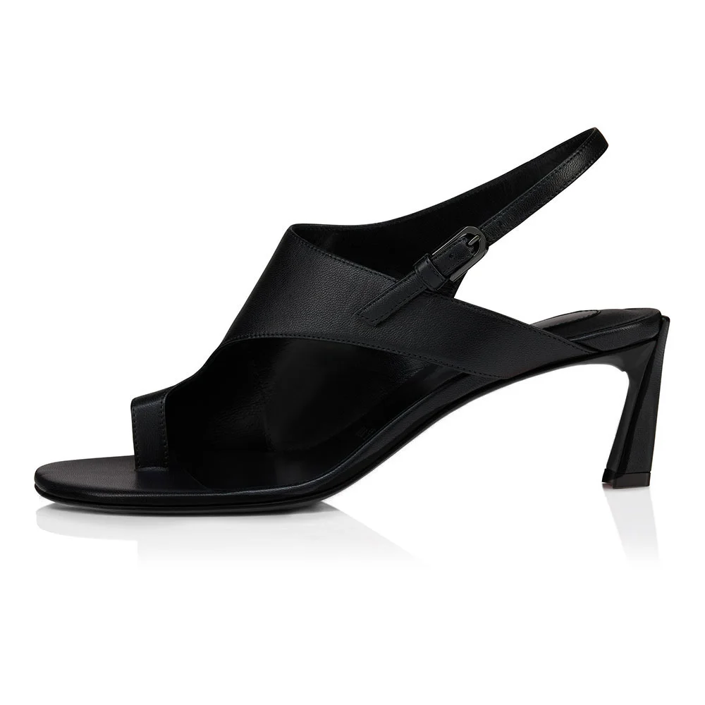 Black Vegan Leather Sculptural Heel Slingback Buckle Toe Loop Sandals