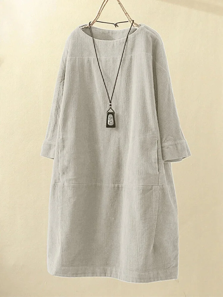 Pleated Long Sleeve Casual Solid Casualdress Linen