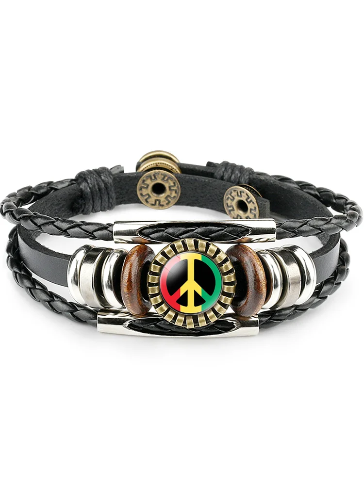 VChics Men's Rasta Peace Sign Woven Leather Bracelet