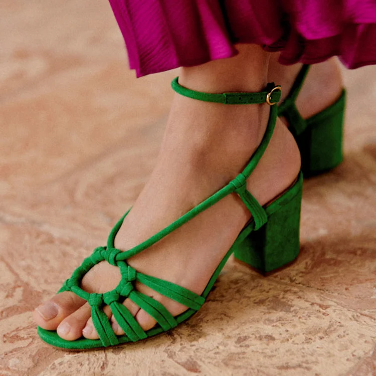 Green Open Toe Suede Sandals Women'S Classic Block Heels Office Wrapped Shoes |FSJ Shoes