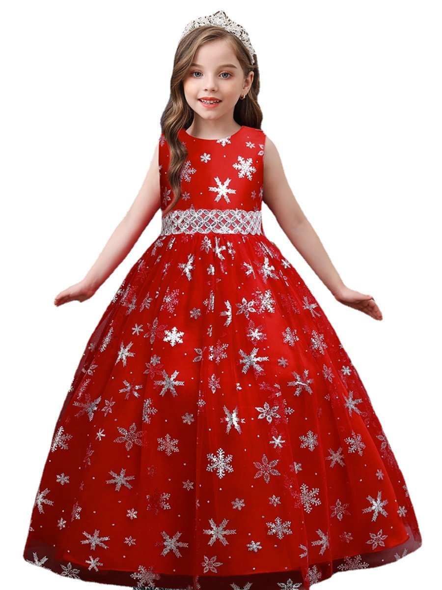 Girls Christmas Dress Snowflake Floral Sleeveless Maxi Swing Dress