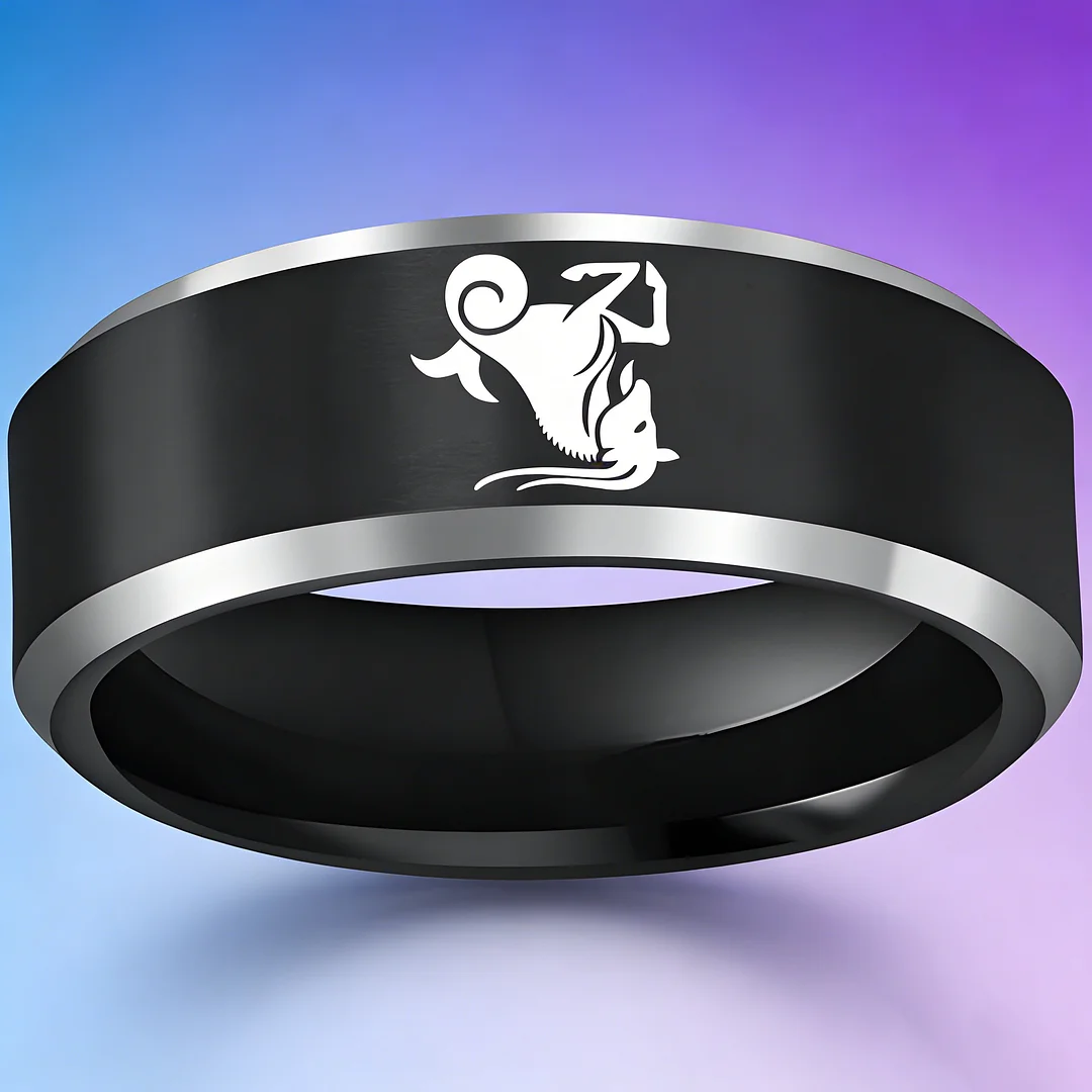 Mens Womens Black Capricorn Tungsten Carbide Rings Black Edges and Laser Etched Wedding Bands Comfort Fit 4MM 6MM 8MM